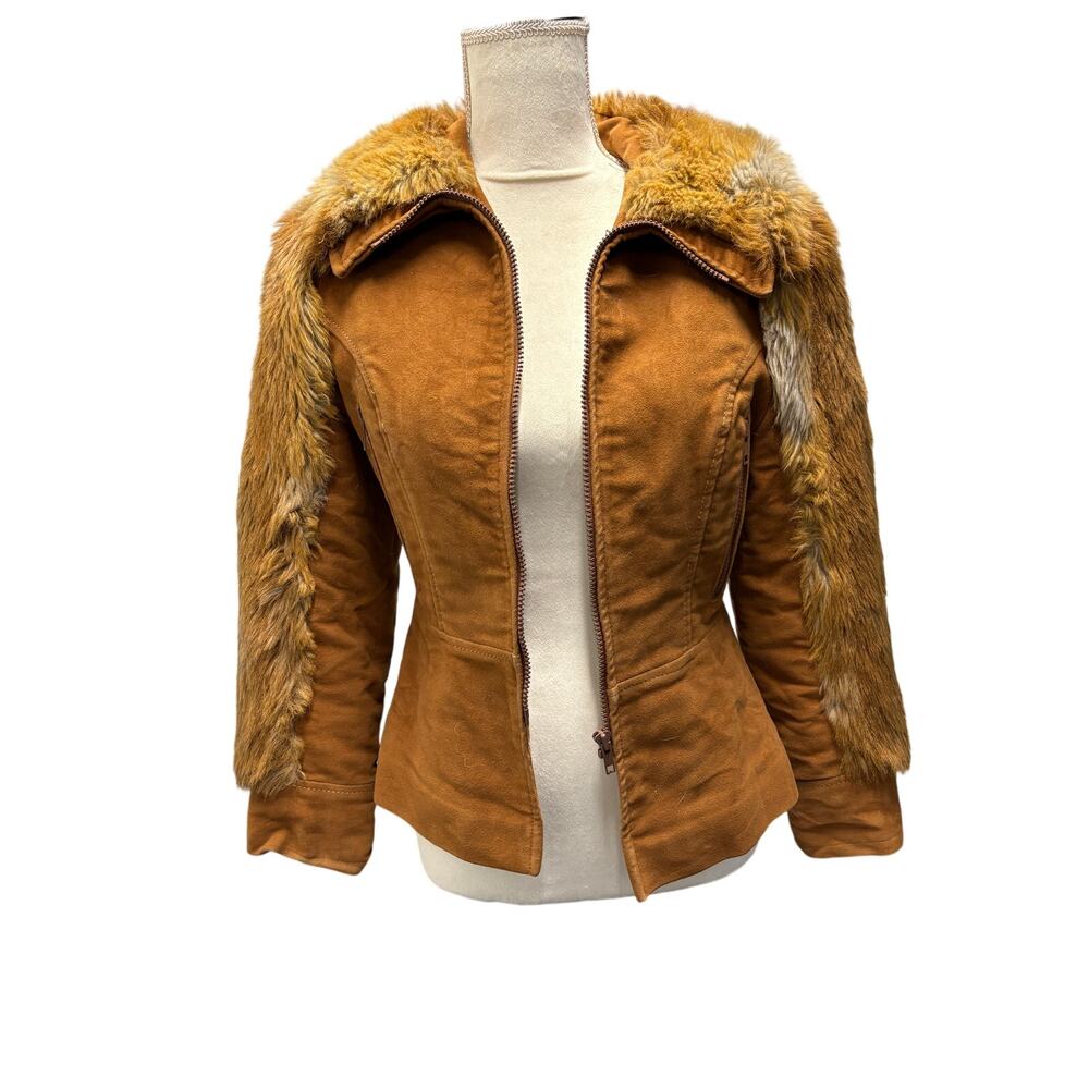 Vintage 1970s Faux Fur Brown Tan Jacket Size S